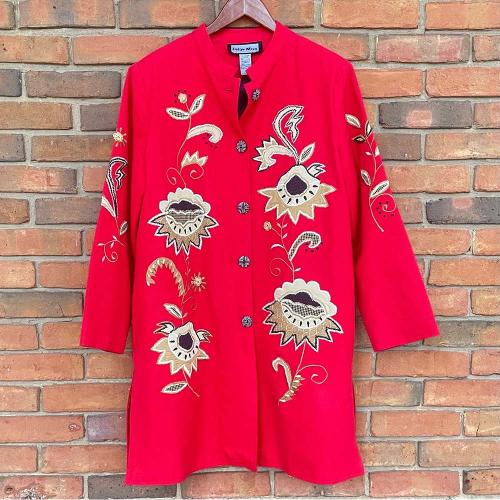 Vintage 90s Indigo Moon Red Embroidered Midi Coat Sz M